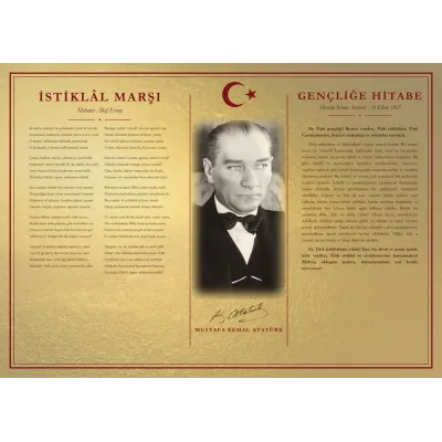 Altın Varak Zeminli Papyonlu Atatürk İstiklâl Marşı ve Gençliğe Hitabe Makam Panosu