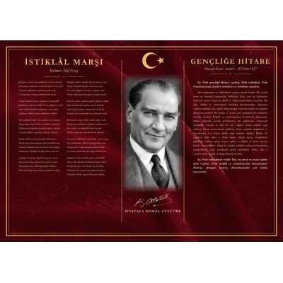 Bordo Kadife Zeminli Gülümseyen Atatürk İstiklâl Marşı ve Gençliğe Hitabe Makam Panosu