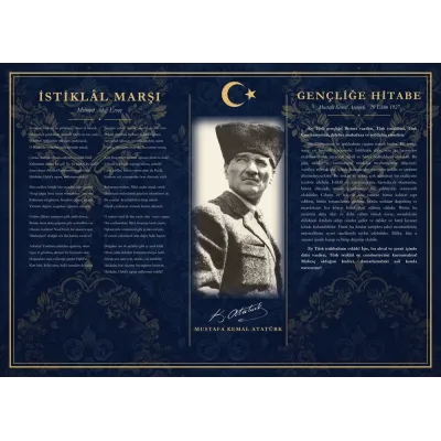 Lacivert Damask Zeminli Kalpaklı Atatürk İstiklâl Marşı ve Gençliğe Hitabe Makam Panosu