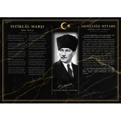 Siyah Mermer Zeminli Yağlı Boya Kalpaklı Atatürk İstiklâl Marşı ve Gençliğe Hitabe Makam Panosu