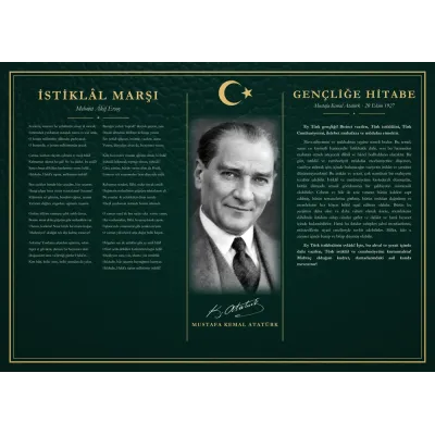 Yeşil Deri Zeminli Gülümseyen Atatürk İstiklâl Marşı ve Gençliğe Hitabe Makam Panosu