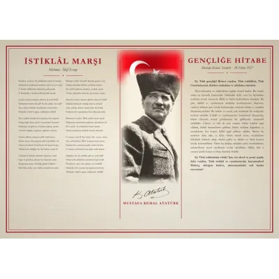 Krem Keten Zeminli Kalpaklı Atatürk Bayraklı İstiklâl Marşı ve Gençliğe Hitabe Makam Panosu