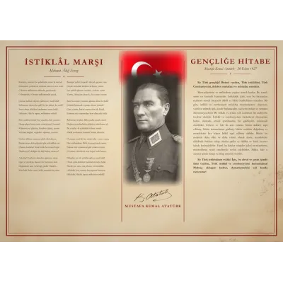 Parşömen Zeminli Üniformalı Atatürk Bayraklı İstiklâl Marşı ve Gençliğe Hitabe Makam Panosu