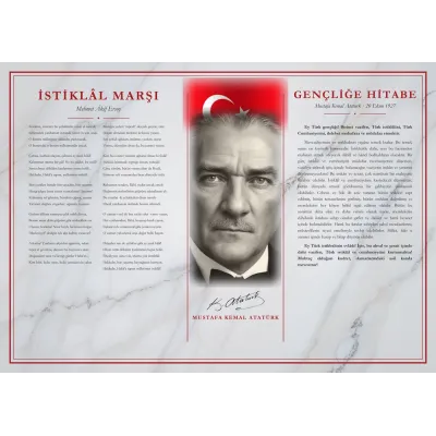 Beyaz Mermer Zeminli Atatürk Portreli Bayraklı İstiklâl Marşı ve Gençliğe Hitabe Makam Panosu