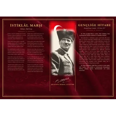 Bordo Kadife Zeminli Kalpaklı Atatürk Bayraklı İstiklâl Marşı ve Gençliğe Hitabe Makam Panosu