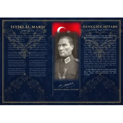 Lacivert Damask Zeminli Üniformalı Atatürk Bayraklı İstiklâl Marşı ve Gençliğe Hitabe Makam Panosu