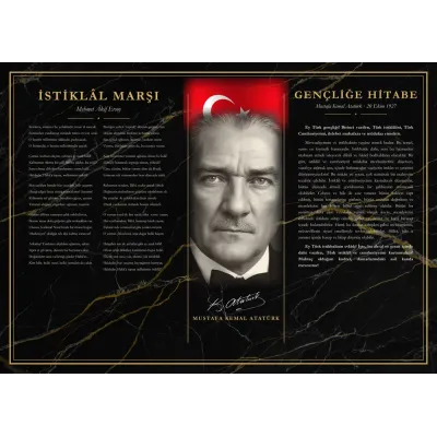 Siyah Mermer Zeminli Atatürk Portreli Bayraklı İstiklâl Marşı ve Gençliğe Hitabe Makam Panosu