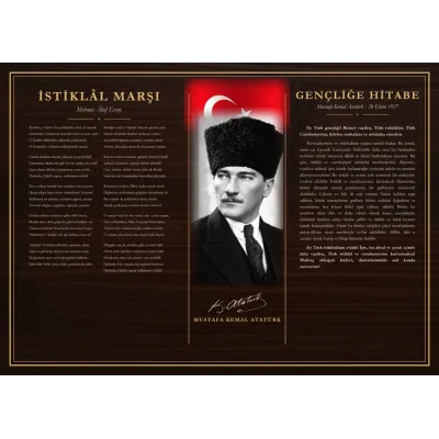 Ceviz Zeminli Yağlı Boya Kalpaklı Atatürk Bayraklı İstiklâl Marşı ve Gençliğe Hitabe Makam Panosu
