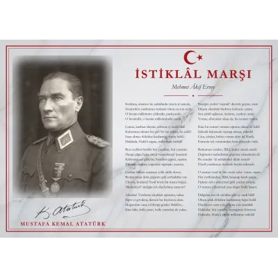 Beyaz Mermer Zeminli Üniformalı Atatürk İstiklâl Marşı Makam Panosu