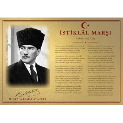 Altın Varak Zeminli Yağlı Boya Kalpaklı Atatürk İstiklâl Marşı Makam Panosu
