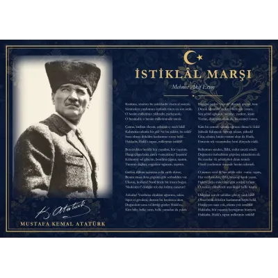 Lacivert Damask Zeminli Kalpaklı Atatürk İstiklâl Marşı Makam Panosu