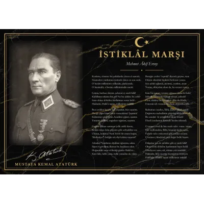 Siyah Mermer Zeminli Üniformalı Atatürk İstiklâl Marşı Makam Panosu