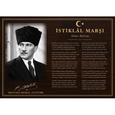 Ceviz Zeminli Yağlı Boya Kalpaklı Atatürk İstiklâl Marşı Makam Panosu