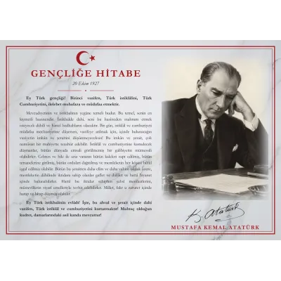 Beyaz Mermer Zeminli Masa Başında Atatürk Gençliğe Hitabe Makam Panosu
