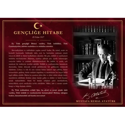 Bordo Kadife Zeminli Kütüphanede Çalışan Atatürk Gençliğe Hitabe Makam Panosu
