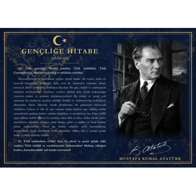 Lacivert Damask Zeminli Kütüphanede Atatürk Gençliğe Hitabe Makam Panosu