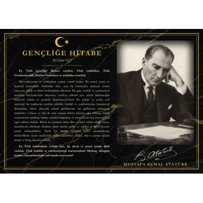 Siyah Mermer Zeminli Masa Başında Atatürk Gençliğe Hitabe Makam Panosu