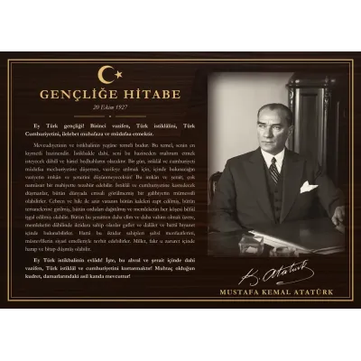 Ceviz Zeminli Çalışma Masasında Atatürk Gençliğe Hitabe Makam Panosu