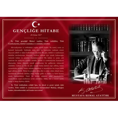 Al Bayrak Kırmızısı Zeminli Kütüphanede Çalışan Atatürk Gençliğe Hitabe Makam Panosu
