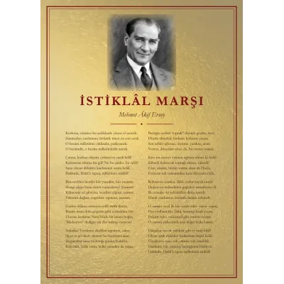 Altın Varak Zeminli Gülümseyen Atatürk İstiklâl Marşı Panosu
