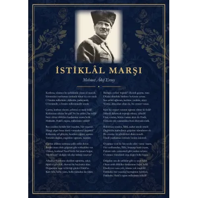 Lacivert Damask Zeminli Kalpaklı Atatürk İstiklâl Marşı Panosu
