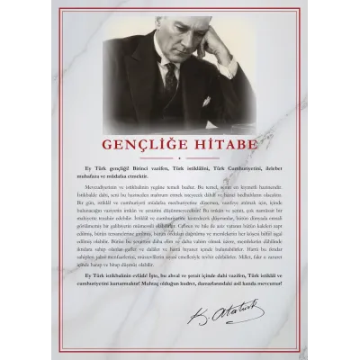 Beyaz Mermer Zeminli Masa Başında Atatürk Gençliğe Hitabe Panosu