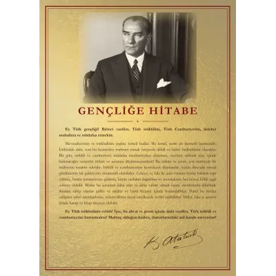 Altın Varak Zeminli Çalışma Masasında Atatürk Gençliğe Hitabe Panosu