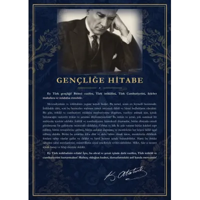 Lacivert Damask Zeminli Masa Başında Atatürk Gençliğe Hitabe Panosu