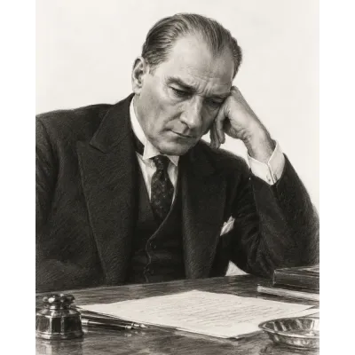 Atatürk Masada Düşünürken Karakalem Portre Kanvas Tablo