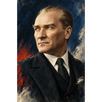 Atatürk Mavi Kırmızı Fırça Darbeli Portre Kanvas Tablo