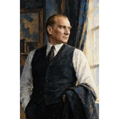 Atatürk Pencere Önünde Ceketi Kolunda Portre Kanvas Tablo