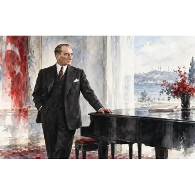 Atatürk Piyano ve Türk Bayrağı Suluboya Kanvas Tablo