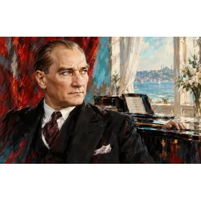 Atatürk Piyano Yanında Renkli Portre Kanvas Tablo