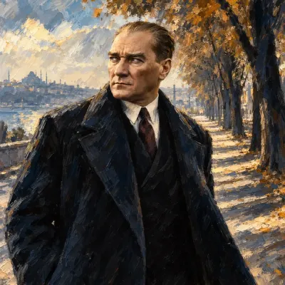 Atatürk Sonbahar Yolunda Paltolu Portre Kanvas Tablo
