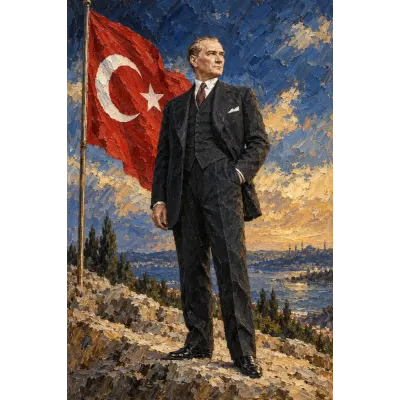 Atatürk Tepede Türk Bayrağıyla Manzara Kanvas Tablo