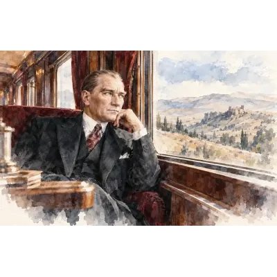 Atatürk Tren Yolculuğunda Suluboya Kanvas Tablo