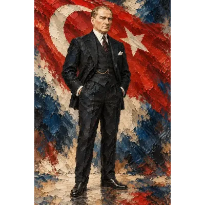 Atatürk Türk Bayrağı Önünde Ayakta Kalın Fırça Kanvas Tablo