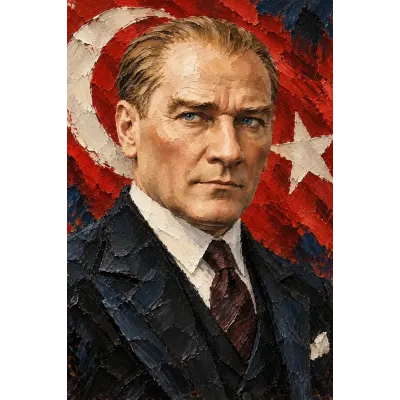 Atatürk Türk Bayrağı Önünde Kalın Fırça Portre Kanvas Tablo