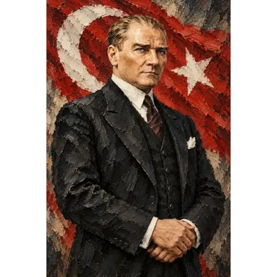 Atatürk Türk Bayrağı Önünde Otururken Kalın Fırça Kanvas Tablo