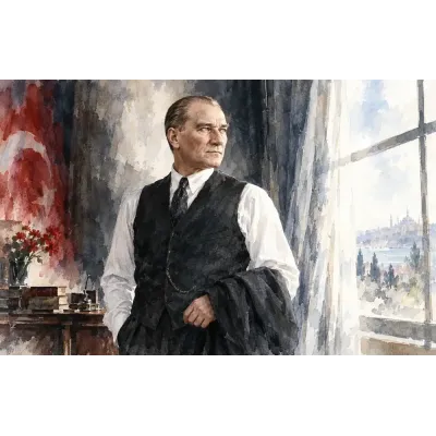 Atatürk Türk Bayrağı ve Pencere Suluboya Kanvas Tablo