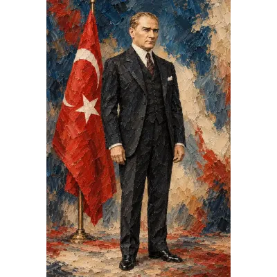 Atatürk Türk Bayrağı Yanında Boydan Portre Kanvas Tablo