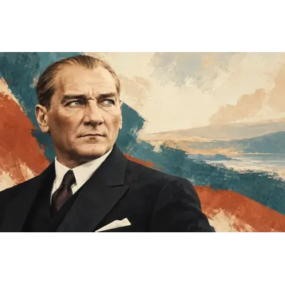 Atatürk Turuncu Mavi Retro Poster Portre Kanvas Tablo