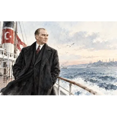 Atatürk Vapur Güvertesinde İstanbul Manzarası Kanvas Tablo
