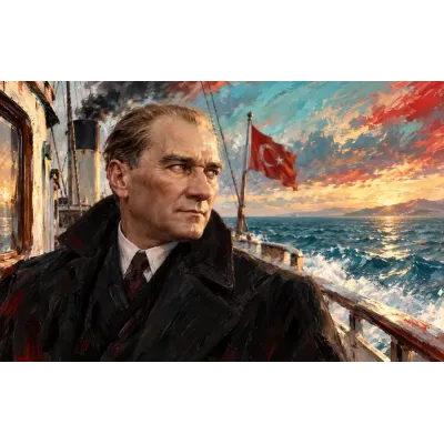 Atatürk Vapurda Gün Batımı ve Türk Bayrağı Kanvas Tablo