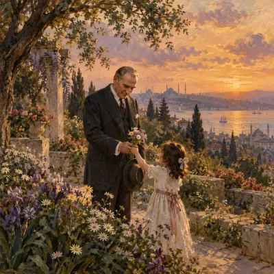 Atatürk ve Kız Çocuğu Gün Batımında Kanvas Tablo