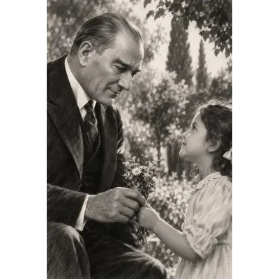 Atatürk ve Kız Çocuğu Siyah Beyaz Kanvas Tablo
