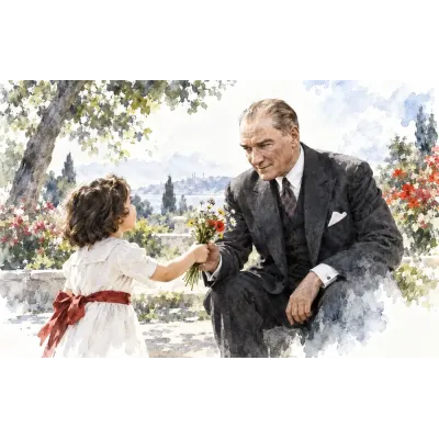 Atatürk ve Kız Çocuğu Suluboya Kanvas Tablo