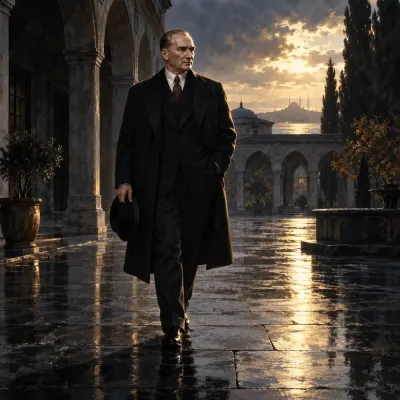 Atatürk Yağmur Sonrası Akşam Işığında Avluda Kanvas Tablo