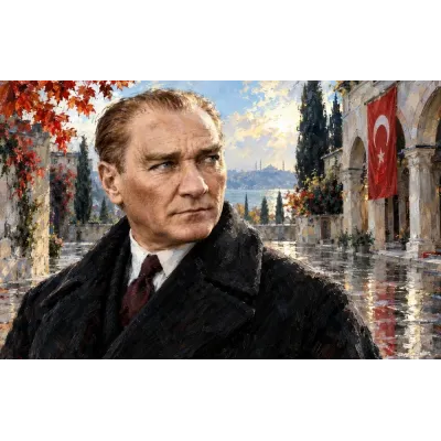 Atatürk Yağmur Sonrası Türk Bayraklı Portre Kanvas Tablo