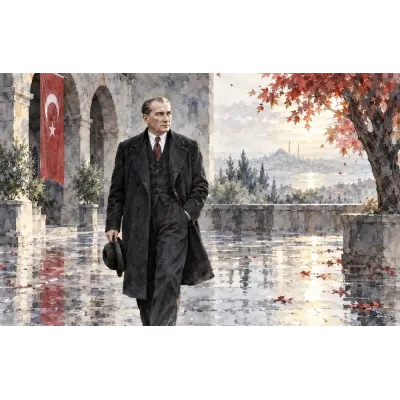 Atatürk Yağmurlu Avluda Bayraklı Suluboya Kanvas Tablo